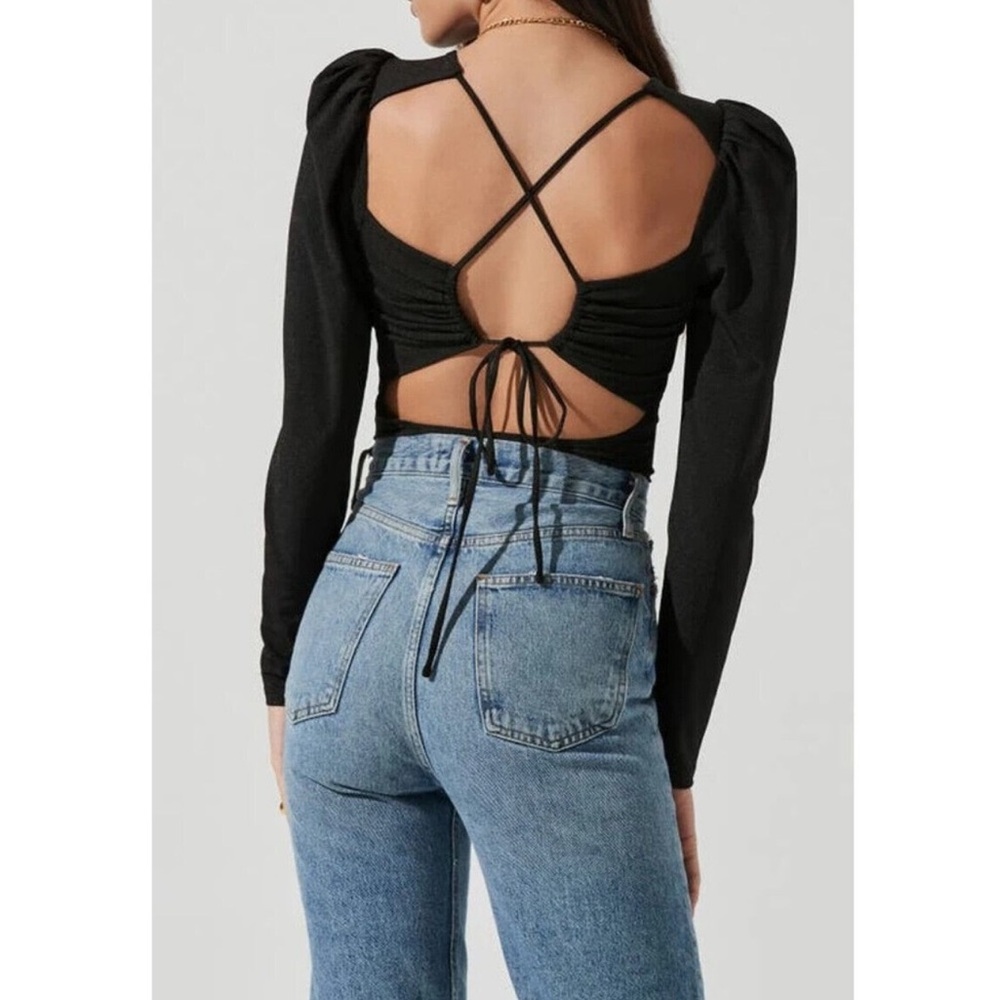 NWT ASTR The Label Puff Shoulder Long Sleeve Ribbed Thong Bodysuit